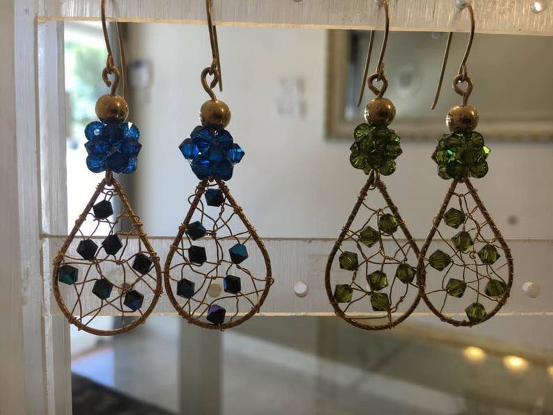 Goldfield earrings Swarovsky crystals,Crystals woven wire,Drop earrings,Blue earrings,Dangle earrings,Gift for her Knitted wire earrings