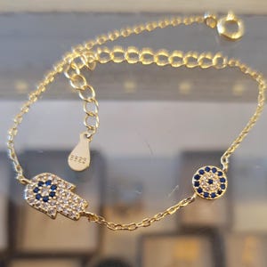 Gold on Silver Hamsa Bracelet Evil Eye, Hamsa bracelet, Good luck charm,Blue Eye Bracelet,Hand of fatima,Hamsa bracelet, Gold hamsa evil eye