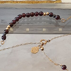 Gold Garnet Bracelet, Dainty garnet bracelet, Gold hamsa bracelet, Genuin garnet bead bracelet , luck gifts, Gold Hamsa, Red stone Bracelet