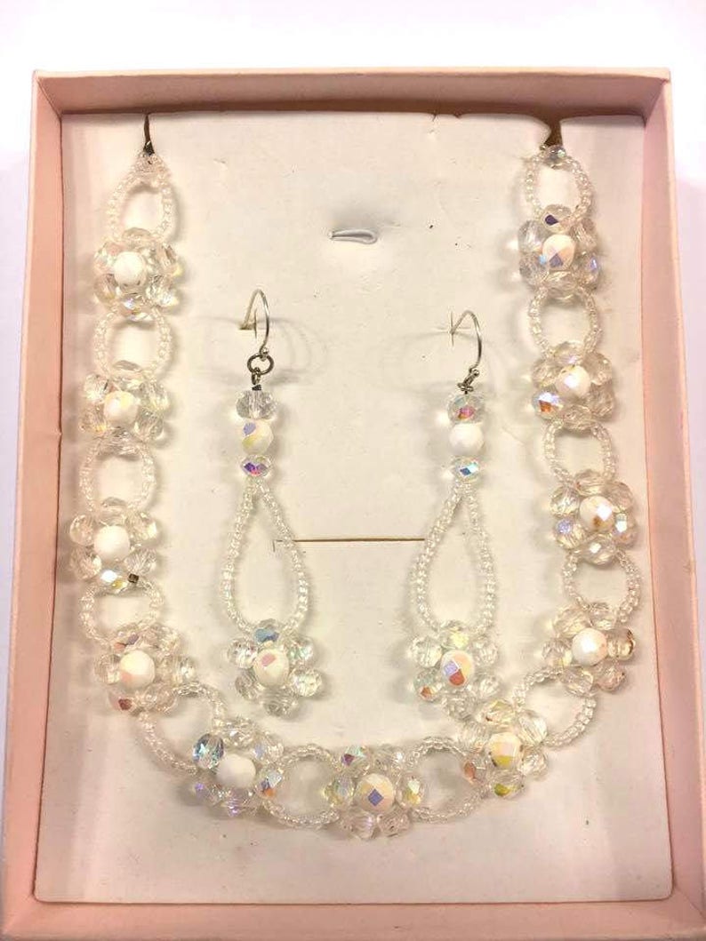 Crystals set, Crystals woven flowers, Hand-woven set ,Bride set, Crystals jewelry, Bride jewelry,Swarovski crystal jewelry,Woven white set image 3