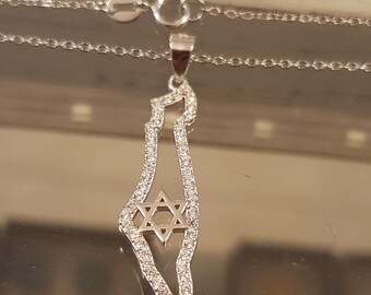 Colgante de mapa de Israel con Estrella de David, collar de Cábala, Estrella de David de Zircón de Plata, regalo de Bar Mitzvah, Estrella de David de Plata, Mapa de Israel