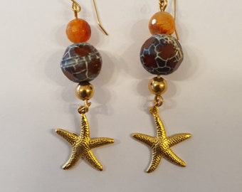 Starfish earrings ,Fire Agate Earrings, Dangle & drop errings, Gold filled earrings,Agate earrings, Ocean earrings, Sea charm,Beach earrings