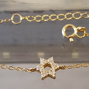 ゴールドのダビデの星、ダビデの星のブレスレット、カバラのブレスレット、ジルコンのダビデの星、バット・ミツワーのギフト、小さなダビデの星、マゲン・ダビデ