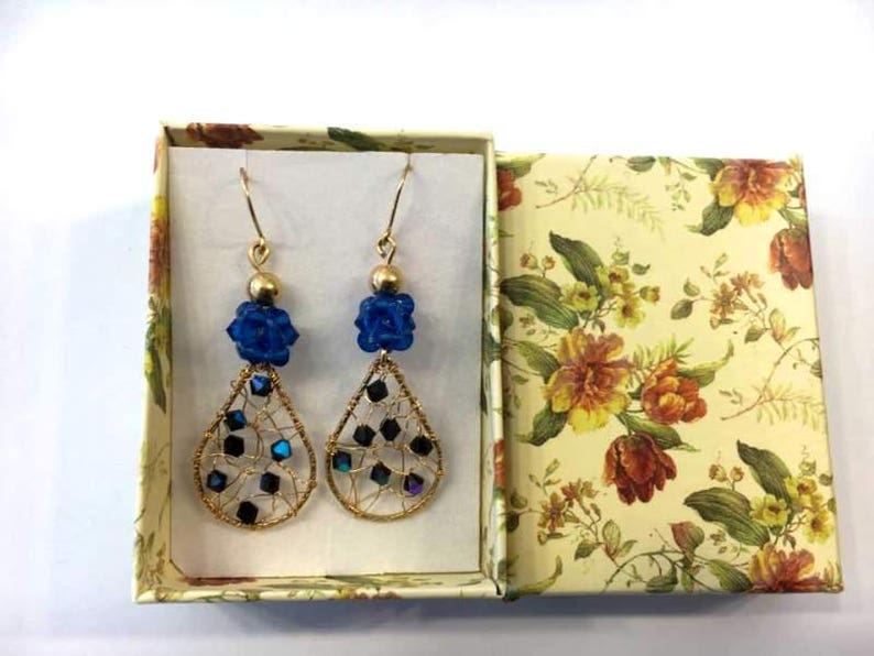 Goldfield earrings Swarovsky crystals,Crystals woven wire,Drop earrings,Blue earrings,Dangle earrings,Gift for her Knitted wire earrings