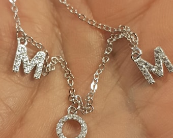 Sterling Silver Mom Charm Bracelet, Cubic Zirconia Letters, Mother's day gift