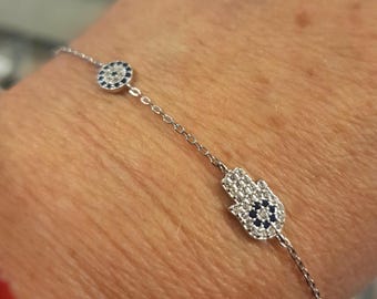 Silver Hamsa Bracelet: Evil Eye, Zircon Fatima Hand Charm
