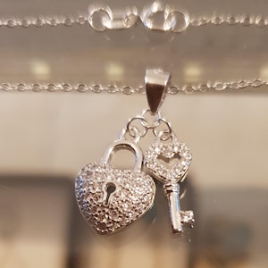 925 Silver heart lock and key necklace, Valentines necklace, Heart key necklace, Sterling silver heart key pendant, Silver heart necklace