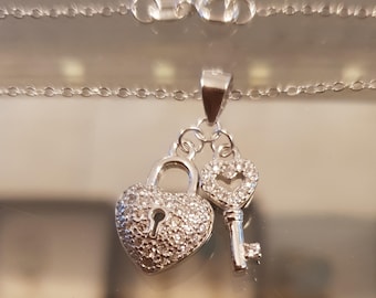 Sterling Silver Heart Lock and Key Necklace: Cubic Zirconia Pendant