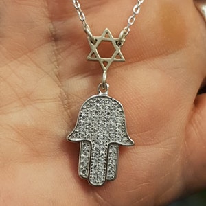 Silver 925 hamsa ,Good luck charm , Kabbalah necklace ,Hamsa necklace,Hand of fatima necklace, Judaica pendant, Jewish pendant,Star of David
