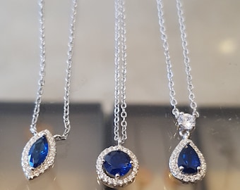 Blue Sapphire 925 Sterling Silver Pendant Necklace: Zircon Halo
