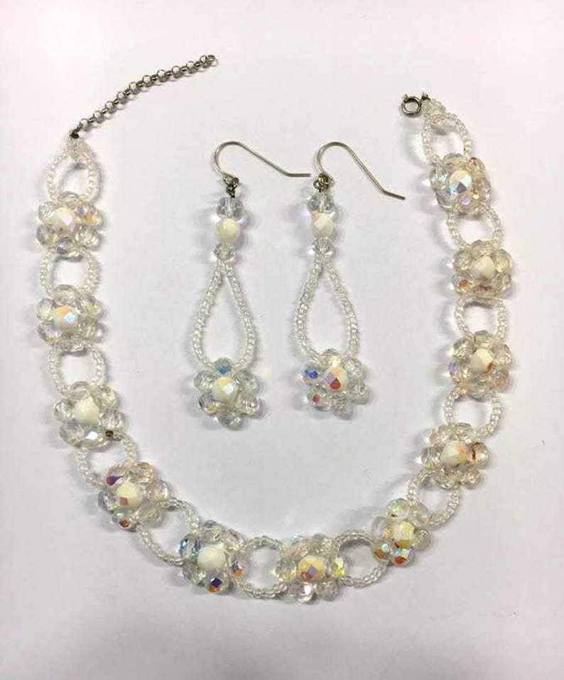 Crystals set, Crystals woven flowers, Hand-woven set ,Bride set, Crystals jewelry, Bride jewelry,Swarovski crystal jewelry,Woven white set image 1