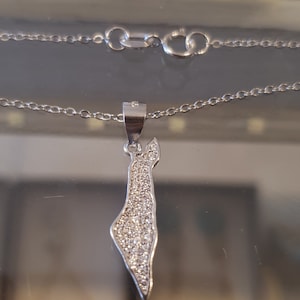 May include: A silver necklace with a pendant shaped like the outline of Israel. The pendant is covered in small, clear stones.