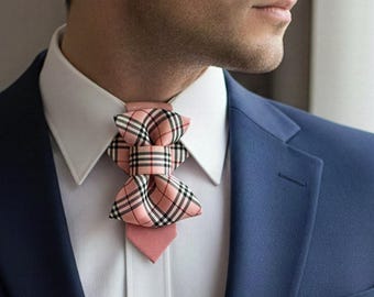 Pink Plaid Men's Wedding Necktie | Handmade Pre-tied Groom Bow Tie | Geometric Statement Neckwear | Artisan Accessory | Gift for Him