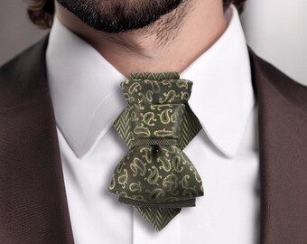 Artistic Green and Yellow Bow Tie – Unique Shape Striped Necktie for Weddings & Special Occasions