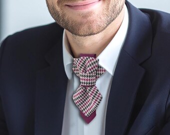 Handmade Houndstooth Necktie: Gray Black Red Geometric Tie