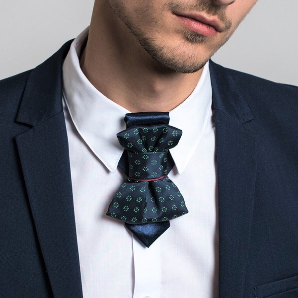 Dark blue bow tie, Green flower unique necktie,  Groom bow tie