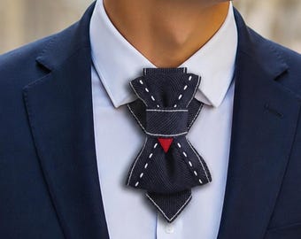 Sculptural Navy Tie: Handmade Cravat with Red Accent