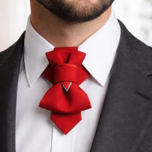 statement necktie, red necktie, designer neck accessory, modern jabot collar, unique necktie, artistic neckwear, avant garde fashion accessory, elegant necktie, unisex necktie, handmade necktie, wedding guest outfit accessory, groom outfit accessory, concert outfit accessory, fashion statement tie