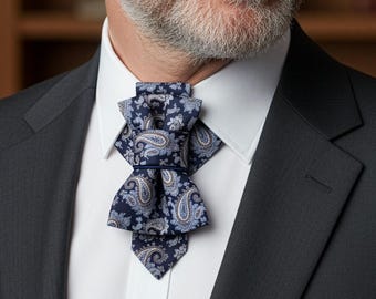 Navy Paisley Vertical Bow Tie: Handmade Satin Wedding Necktie