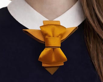 Gold Statement Bow Tie for Women – Elegant Neck Accessory, Designer Brooch Tie, Unique Fashion Piece