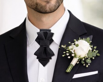 Handcrafted Black Vertical Bow Tie – Sculptural Avant Garde Neckwear for Weddings