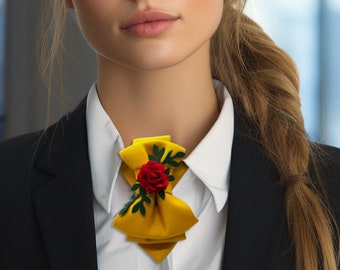 Yellow necktie for women with rose,  Luxury elegant tie for lady, Stylish Neckwear For Women, Gift for women, Floral tie for her