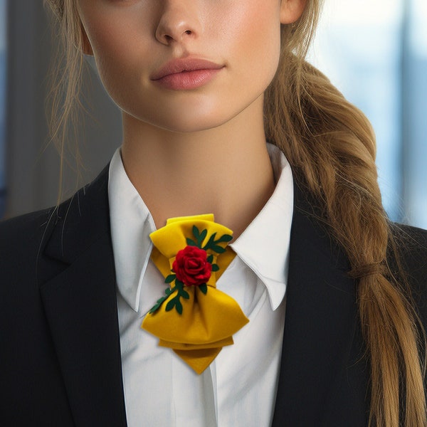 Yellow necktie for women with rose,  Luxury elegant tie for lady, Stylish Neckwear For Women, Gift for women, Floral tie for her