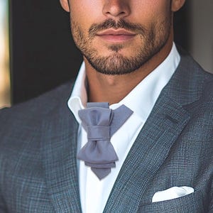 Vertical Bow Tie for Groom – Handmade Luxury Cravat Tie in Blue Grey | Unique Wedding Neckwear for Men | Designer Statement Wedding Tie