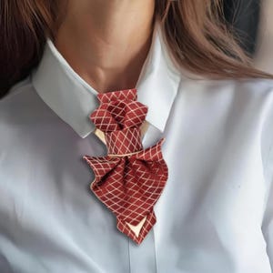 Red Checkered Jabot Necktie for Women – Luxury Bow Tie Neck Accessory, Stylish Fancy Neckwear, Modern jabot