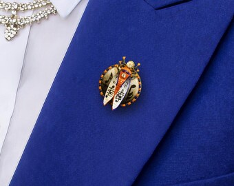 White Scarab Brooch with Music Notes – Hand Painted Lapel Pin, Gift for Musician, Wearable Art