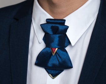 Blue bow tie, Metal tipped blue bowtie,  Blue wedding necktie, Decorative blue tie for groom