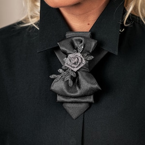 Black bow tie with rose for women, Stylish Neckwear For Women, Gift for Women