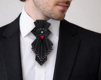 Black Vertical Bow Tie for Men, Unique Pre-Tied Statement Tie, Groom Wedding Cravat, Artistic Stage & Musician Accessory