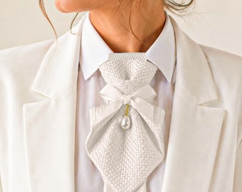Handmade White Fabric Neck Accessory with Pearl, Elegant Statement Choker for Women, Designer Neckwear