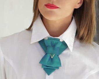 Turquoise Blue Metallic Bowtie for women, Original design ladies tie, Luxury neck accessory for women Stylish Neckwear For Women