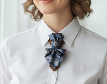Paisley Jabot Necktie | Blue Ornament Bow Tie, Women's Statement Neckwear
