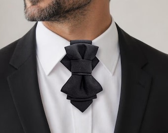 Black Handmade Statement Necktie | Men's Elegant Wedding Bow Tie | Unique Sculptural Groom Neckwear | Artisan Pre-tied Accessory