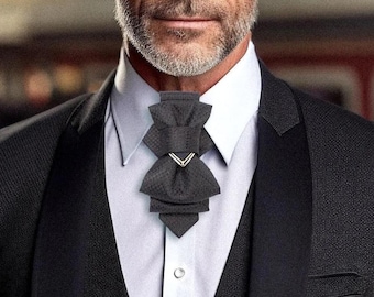 Black Vertical Bow Tie Pre Tied – Cascading Design, Handmade Statement Necktie for Men, Unique Wedding Accessory, Unisex