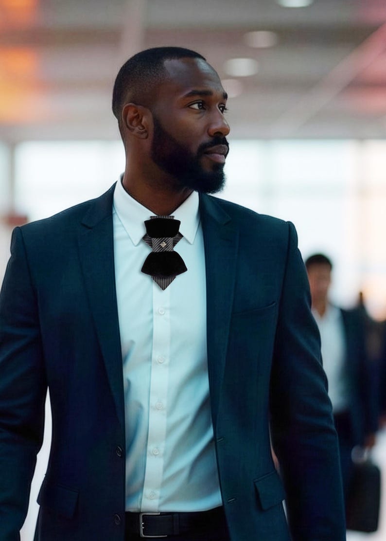 Black Velvet Vertical Bow Tie with Pinstripe Accent – Designer Statement Tie with Metallic Stud image 8