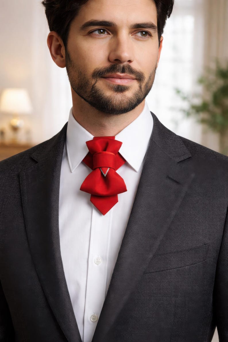 statement necktie, red necktie, designer neck accessory, modern jabot collar, unique necktie, artistic neckwear, avant garde fashion accessory, elegant necktie, unisex necktie, handmade necktie, wedding guest outfit accessory, groom outfit accessory, concert outfit accessory, fashion statement tie