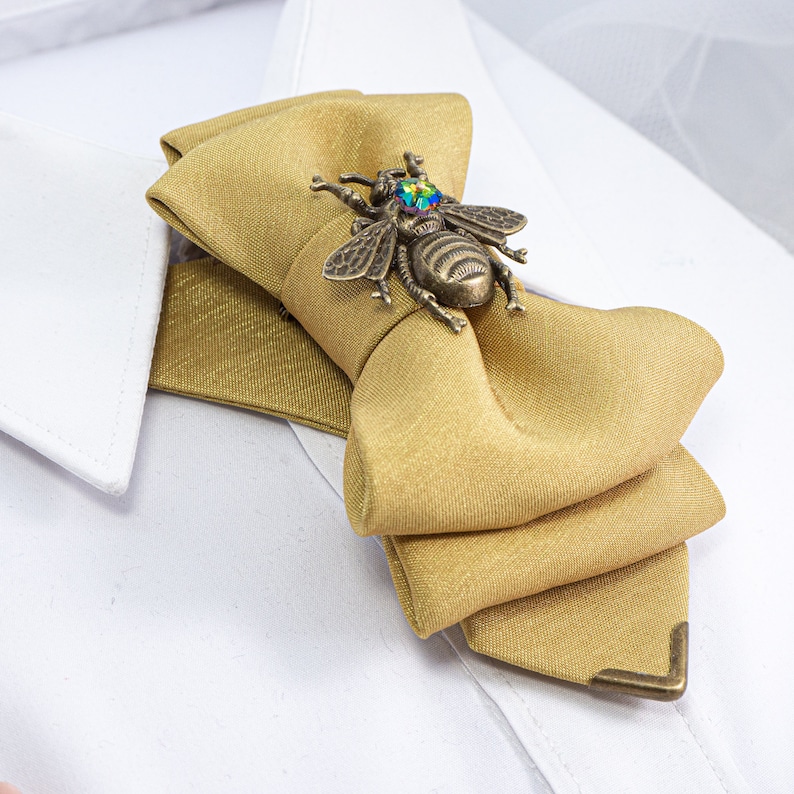 Khaki yellow bowtie for women with bee, Luxury accessory for new fashion lovers, Stylish neckwear for women image 4