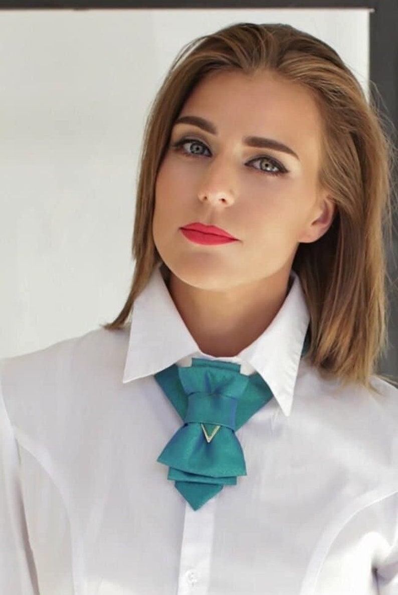 Turquoise Blue Metallic Bowtie for women, Original design ladies tie, Luxury neck accessory for women Stylish Neckwear For Women image 1