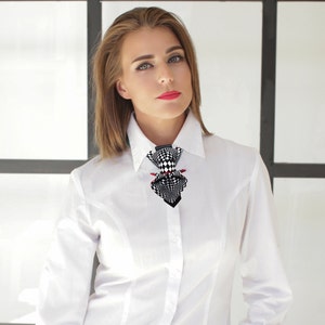 Jabot necktie for women, abot Bow tie for women, Squared jabot for ladies, Women's luxury black and white necktie, Perfect Gift for Her