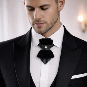 Black Velvet Vertical Bow Tie with Pinstripe Accent – Designer Statement Tie with Metallic Stud image 10