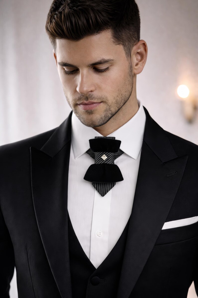 Black Velvet Vertical Bow Tie with Pinstripe Accent – Designer Statement Tie with Metallic Stud image 10