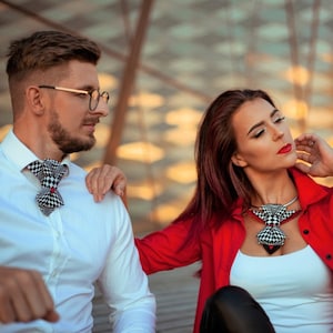 Unique black white bow tie, Wedding black and white chess squares necktie, Handcrafted necktie accessorie for men or women