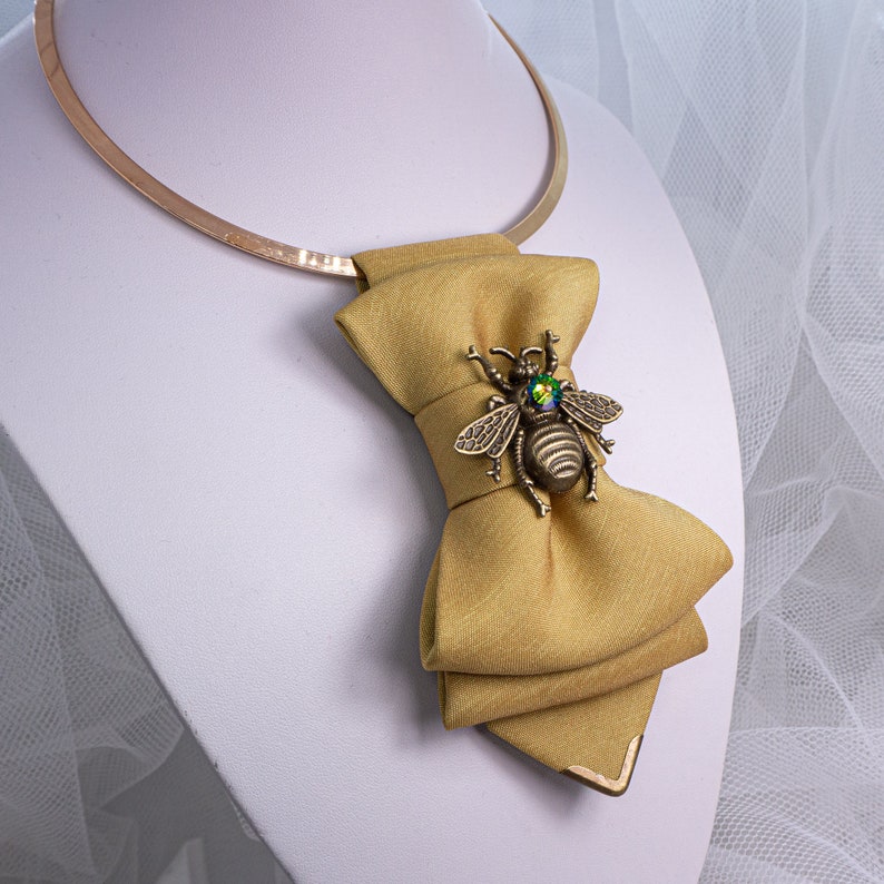 Khaki yellow bowtie for women with bee, Luxury accessory for new fashion lovers, Stylish neckwear for women image 8