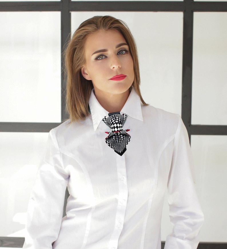 Chess Jabot Bow Tie: Black & White Checkered Necktie, Detachable Brooch ...