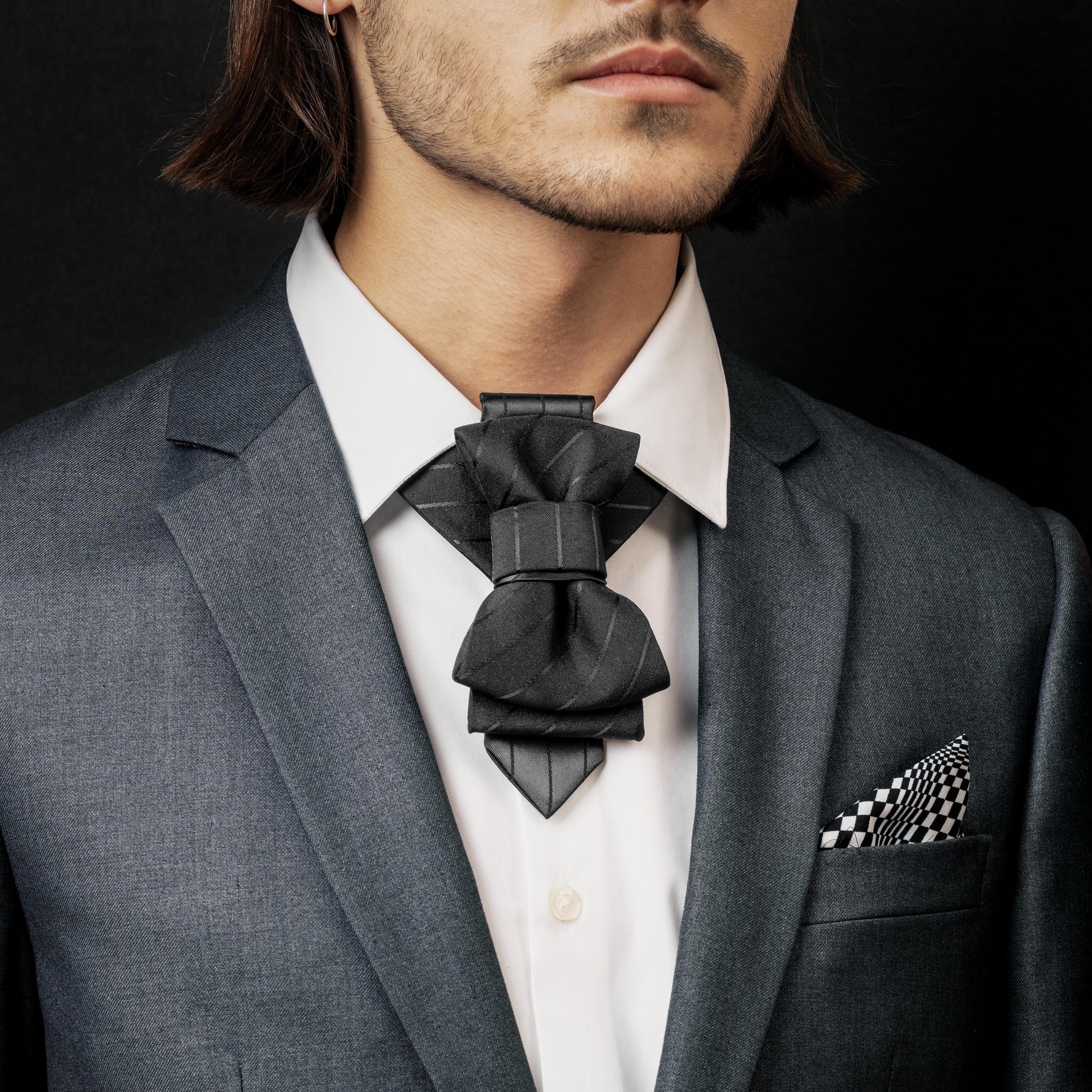 Black Gingham Bow Tie & Light Grey Suspenders, Bow Tie