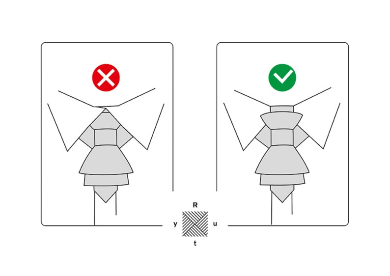 May include: A line art illustration showing two shirt collars with ties. The left side features a red X symbol over a loose tie, while the right side features a green check mark over a properly tightened tie. A square logo with the letters R, y, u, t is centred.